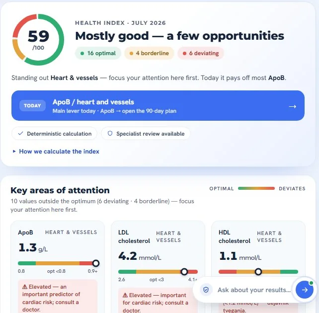Home screen: health index and key areas of attention